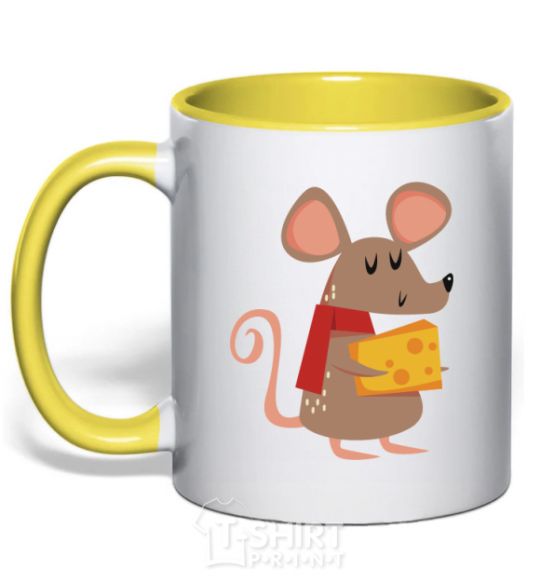 Mug with a colored handle The mouse and the cheese yellow фото