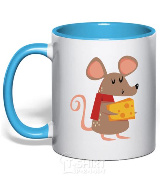 Mug with a colored handle The mouse and the cheese sky-blue фото