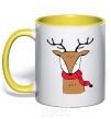 Mug with a colored handle A reindeer with a scarf yellow фото