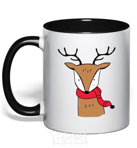 Mug with a colored handle A reindeer with a scarf black фото