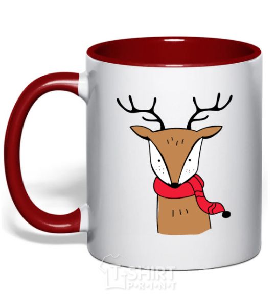 Mug with a colored handle A reindeer with a scarf red фото