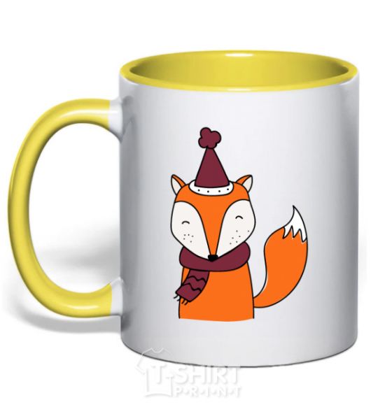 Mug with a colored handle A fox in a cap yellow фото