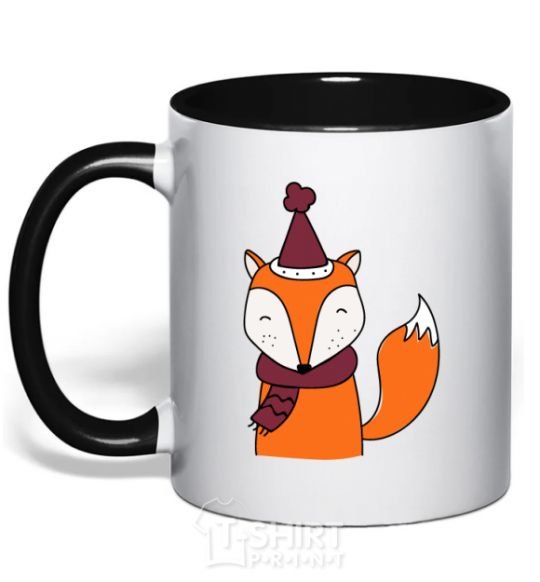 Mug with a colored handle A fox in a cap black фото