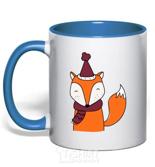 Mug with a colored handle A fox in a cap royal-blue фото