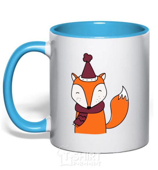 Mug with a colored handle A fox in a cap sky-blue фото