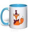 Mug with a colored handle A fox in a cap sky-blue фото