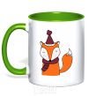 Mug with a colored handle A fox in a cap kelly-green фото