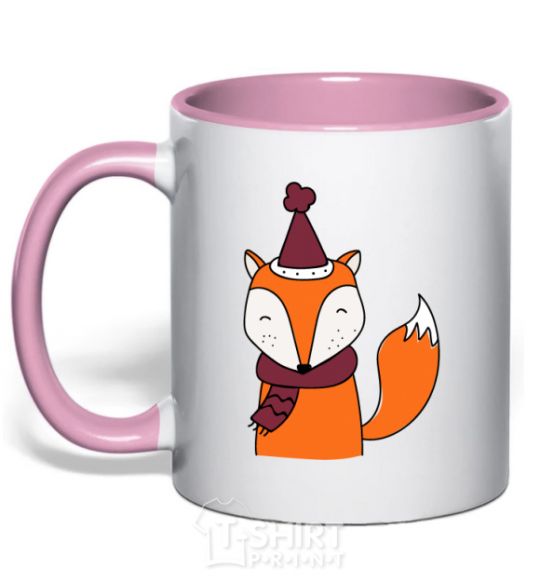 Mug with a colored handle A fox in a cap light-pink фото