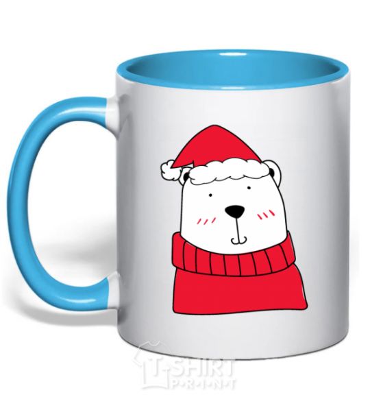 Mug with a colored handle New Year's Bear sky-blue фото