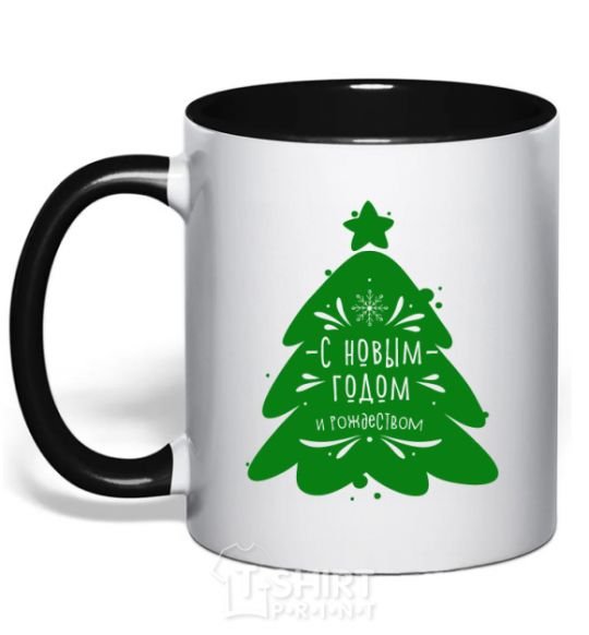 Mug with a colored handle Happy New Year and Merry Christmas black фото