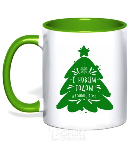 Mug with a colored handle Happy New Year and Merry Christmas kelly-green фото