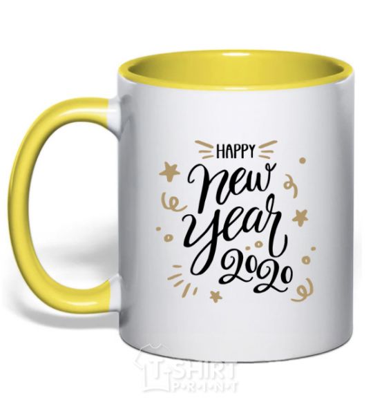 Mug with a colored handle Happy New year 2020 yellow фото