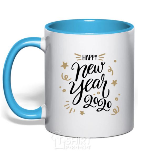 Чашка с цветной ручкой Happy New year 2020 Голубой фото