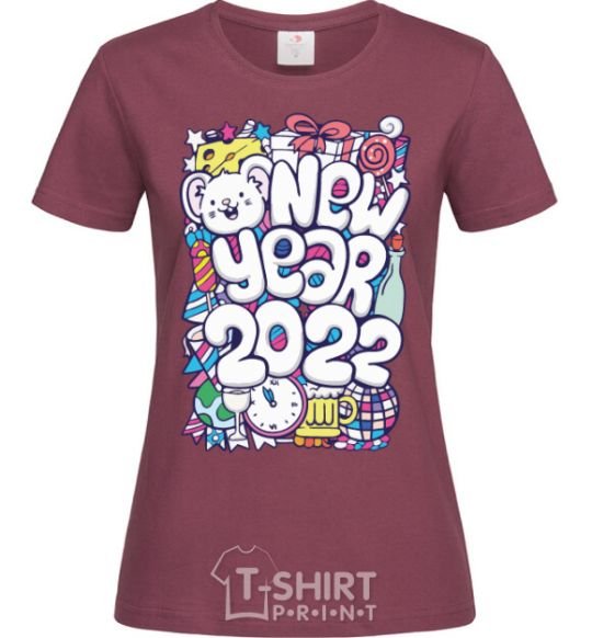 Women's T-shirt Mouse New Year 2022 burgundy фото