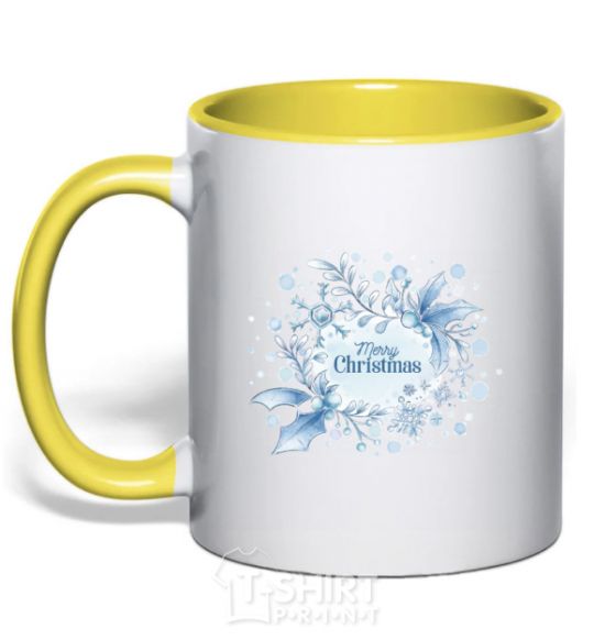 Mug with a colored handle Merry Christmas snow yellow фото