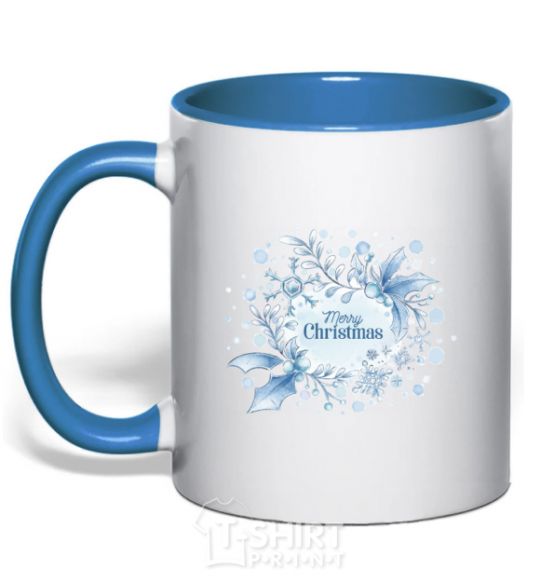 Mug with a colored handle Merry Christmas snow royal-blue фото
