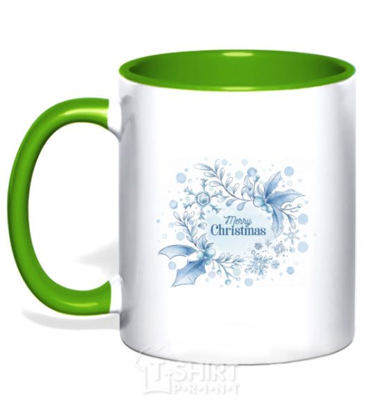 Mug with a colored handle Merry Christmas snow kelly-green фото