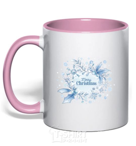 Mug with a colored handle Merry Christmas snow light-pink фото