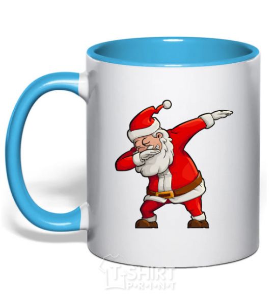 Mug with a colored handle Santa's dancing sky-blue фото