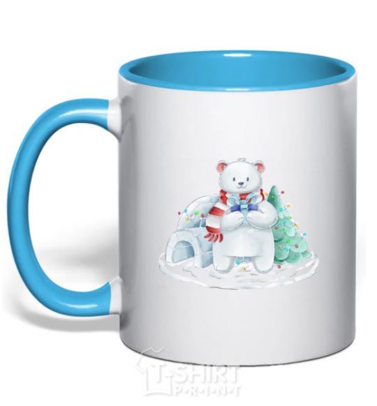 Mug with a colored handle Northern bear sky-blue фото