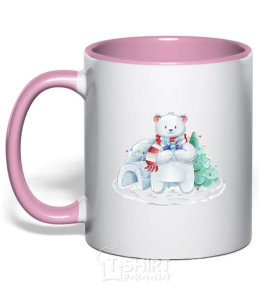 Mug with a colored handle Northern bear light-pink фото