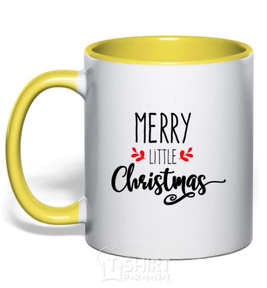 Mug with a colored handle Merry little Christmas yellow фото