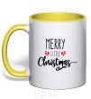 Mug with a colored handle Merry little Christmas yellow фото