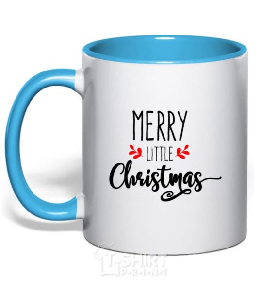 Mug with a colored handle Merry little Christmas sky-blue фото