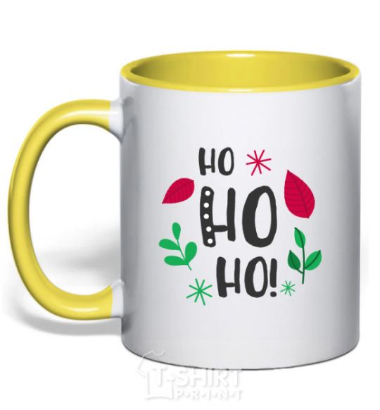 Mug with a colored handle HO-HO-HO-HO leaves yellow фото
