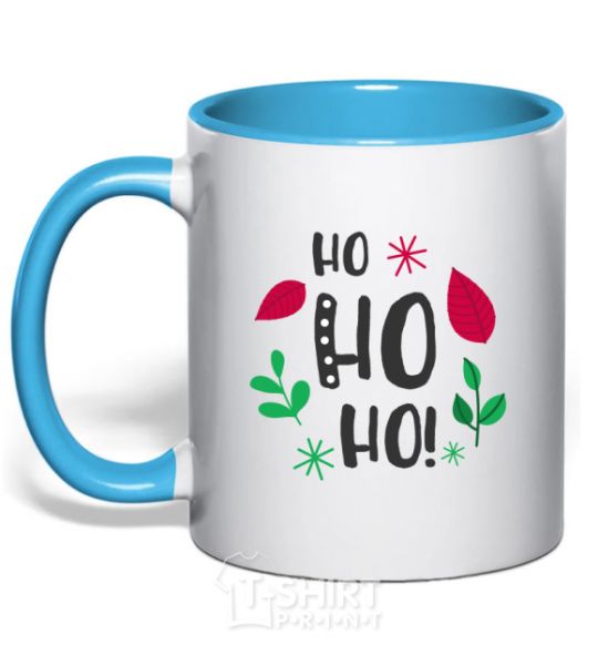 Mug with a colored handle HO-HO-HO-HO leaves sky-blue фото