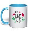 Mug with a colored handle HO-HO-HO-HO leaves sky-blue фото