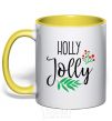 Mug with a colored handle Holly Jolly yellow фото