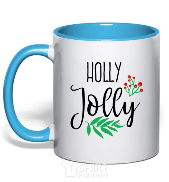 Mug with a colored handle Holly Jolly sky-blue фото