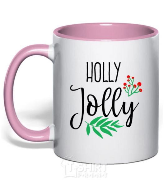 Mug with a colored handle Holly Jolly light-pink фото
