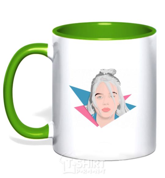 Mug with a colored handle Billie Eilish art bright kelly-green фото