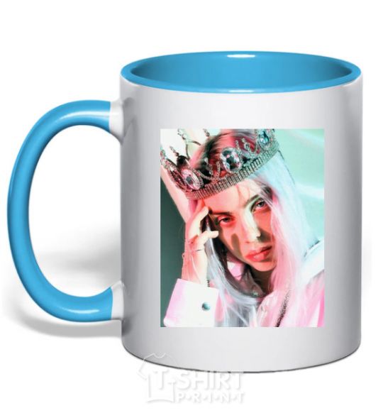 Mug with a colored handle Billie Eilish in crown sky-blue фото