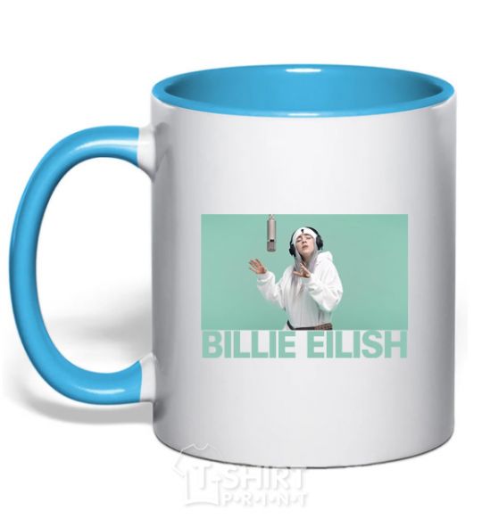 Mug with a colored handle Billie Eilish blue sky-blue фото