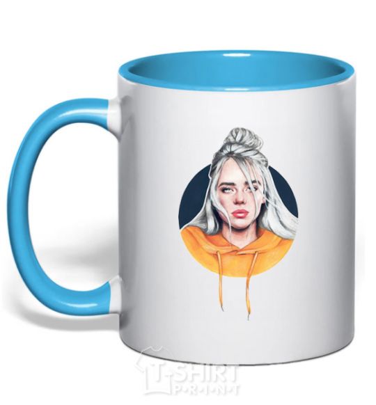 Mug with a colored handle Billie Eilish in a circle sky-blue фото