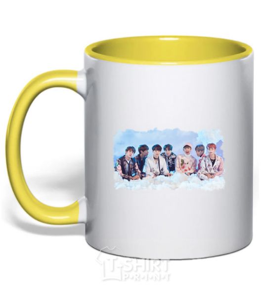 Mug with a colored handle BTS in the clouds yellow фото