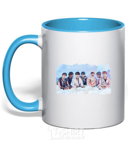 Mug with a colored handle BTS in the clouds sky-blue фото