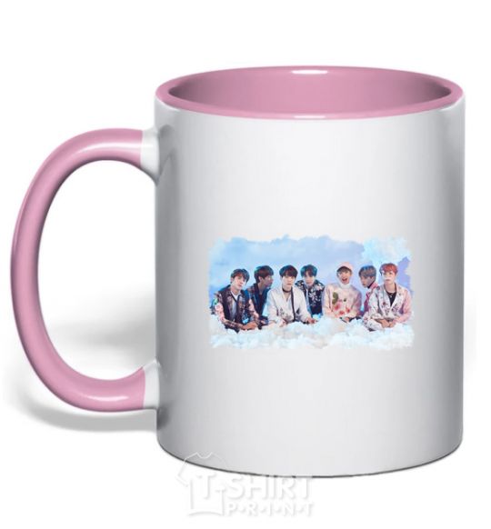 Mug with a colored handle BTS in the clouds light-pink фото