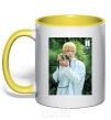 Mug with a colored handle BTS V with camera yellow фото