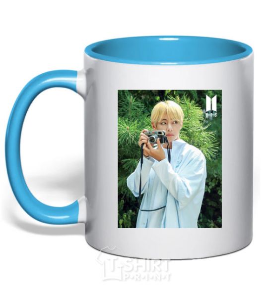 Mug with a colored handle BTS V with camera sky-blue фото