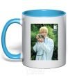 Mug with a colored handle BTS V with camera sky-blue фото