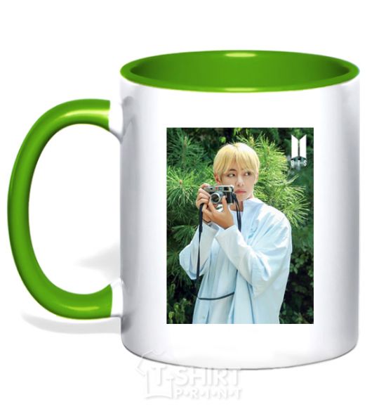 Mug with a colored handle BTS V with camera kelly-green фото