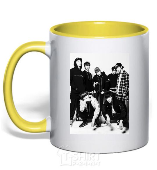 Mug with a colored handle Bangtan Boys black yellow фото