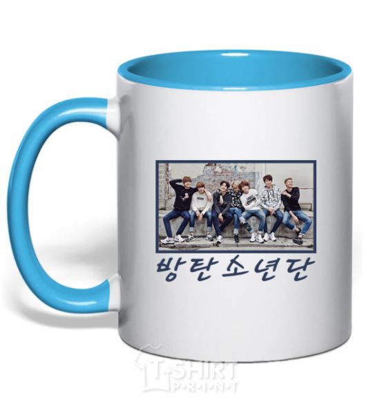 Mug with a colored handle Bangtan sonyeondan sky-blue фото