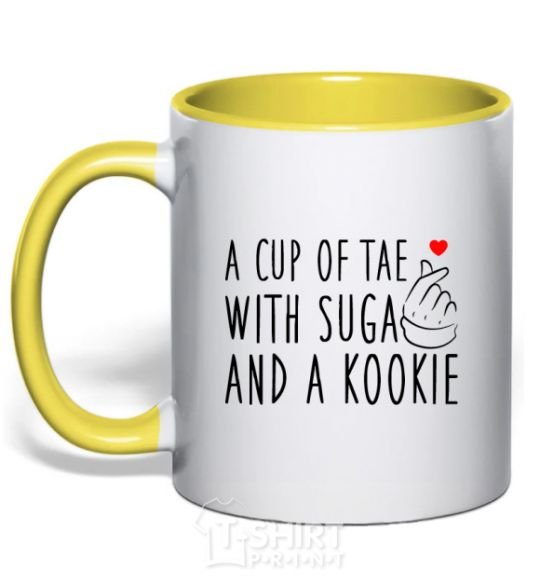 Mug with a colored handle A cup of Tae with Suga and a Kookie yellow фото