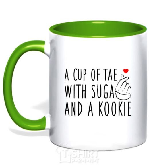 Mug with a colored handle A cup of Tae with Suga and a Kookie kelly-green фото