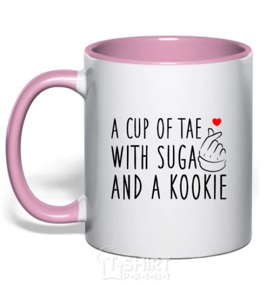 Mug with a colored handle A cup of Tae with Suga and a Kookie light-pink фото